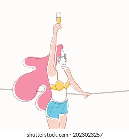 Continuous one Line Drawing Young woman in Bikini Swimwear and short.relaxed standing up and raise the hand with a glass of Champagne.Vector Illustration for print, logo,web, trendy beauty design.