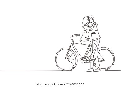 Continuous one line drawing young loving couple sitting on bicycle and kissing outdoors. Romantic human relations, love story, newlywed family in honeymoon traveling adventure. Single line draw design