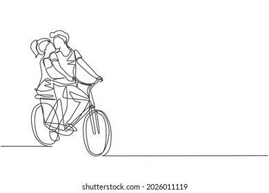 Continuous one line drawing young loving couple cycling. Romantic human relations, love story, newlywed family in honeymoon traveling adventure, passion, emotions. Single line design vector graphic