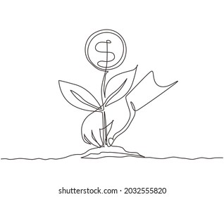 Continuous one line drawing young woman planting money tree in garden. money tree investment growth income interest savings economy funds market. Single line draw design vector graphic illustration
