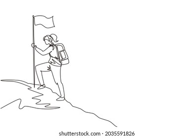 Continuous one line drawing young woman with backpack standing on top of the mountain, female tourist hiking on nature, summer holidays adventure. Single line draw design vector graphic illustration