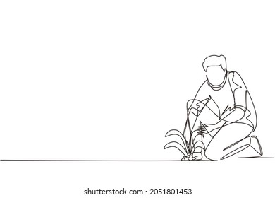 Continuous one line drawing young man plants, protects tree seedling or plant. Startup new beginning concept. Agricultural worker with organic natural crop. Single line draw design vector illustration