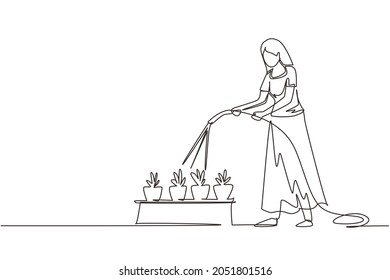 Continuous One Line Drawing Young Woman Watering Potted Plants With Hose. Gardening, Greenhouse, Botanical Garden, Flowers Growing, Plant Nursery Concept. Single Line Draw Design Vector Illustration