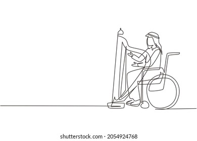 Continuous one line drawing young Arab man sitting in wheelchair plays harp in concert. Disability and classical music. Physically disabled. Person in hospital. Single line draw design vector graphic