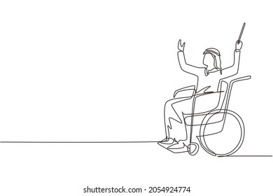 Continuous one line drawing young Arab man conductor sitting in wheelchair leading orchestra. Disability and classical music. Physically disabled. Single line draw design vector graphic illustration