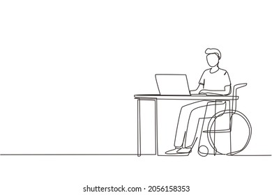 Continuous one line drawing young man uses wheelchair   working and computer in office  Online job   startup  Physical disability   society  Single line draw design vector graphic illustration