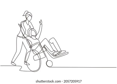 Continuous one line drawing young female volunteer helps disabled old woman, riding on wheelchair in park. Family care, volunteerism, disability care concept. Single line draw design vector graphic