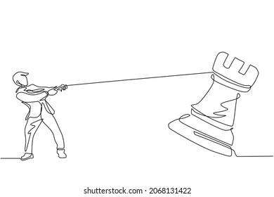 Continuous one line drawing young businessman pulling big rook chess with rope. Business achievement goal, strategy, competitive, strategic concept. Single line draw design vector graphic illustration