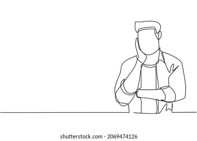 Continuo dibujo de una línea de un joven que coge la mano en la mejilla con la mano cruzada. Aburrido o cansado de la mano en la cara. Hombre con dolor de muelas. Ilustración vectorial de diseño de líneas simples