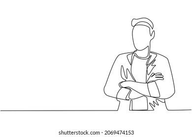 Continuous One Line Drawing Young Businessman Standing With Folded Arms. Smiling Handsome Man In Casual Clothes With Arms Crossed Standing Isolated. Single Line Draw Design Vector Graphic Illustration