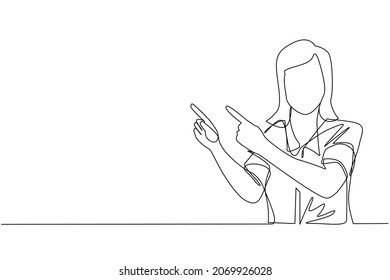 Continuous one line drawing young woman pointing away hands together and showing or presenting something while standing and smiling. Emotion and body language. Single line draw design vector graphic