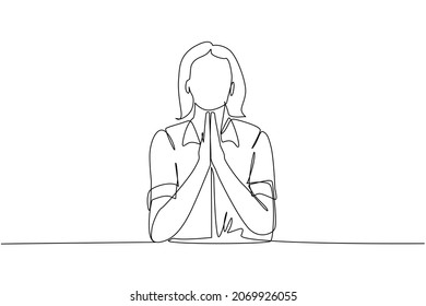 Continuous one line drawing young woman in closed eyes praying hands together. Trendy person holding palms in prayer. Human emotion, body language. Single line draw design vector graphic illustration