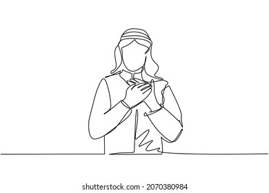 Continuous one line drawing young Arab man keeping hands on chest. Male suffering from chest pain or heart attack. Health care concept. Emotion, body language. Single line draw design vector graphic