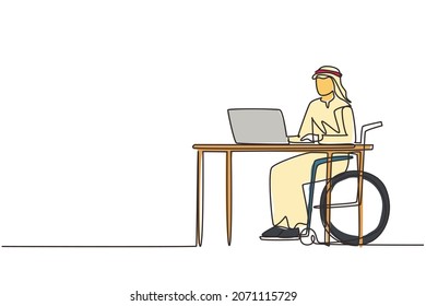 Continuous one line drawing young Arabian man uses wheelchair and working with computer in office. Online job and startup. Physical disability. Single line draw design vector graphic illustration