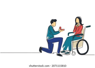 Continuous one line drawing young man stand on knee with engagement ring in hands in front of disabled woman sitting on wheelchair, loving relations, person marriage. Single line draw design vector
