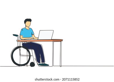 Continuous one line drawing young man uses wheelchair and working with computer in office. Online job and startup. Physical disability and society. Single line draw design vector graphic illustration