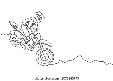 Continuous one line drawing young motocross rider ride motocross bike  Motocross motorcycle competition  Enduro  freestyle motocross extreme sport  Single line draw design vector graphic illustration