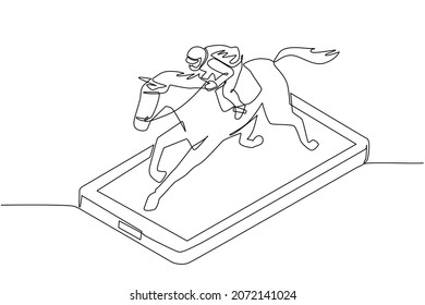 Continuous one line drawing young man riding horse on smartphone screen. Racing horse with jockey. Equestrian sport. Jockey riding jumping horse. Single line draw design vector graphic illustration