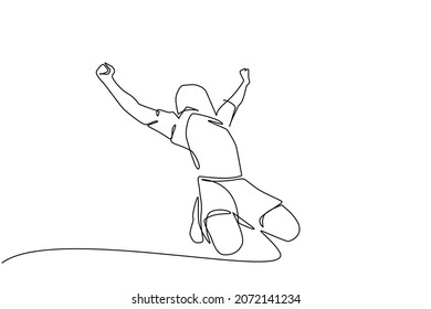 Continuous One Line Drawing Young Man Football Player Is Celebrating Goal On Stadium With His Jersey On Head. Match Soccer Goal Celebration Concept. Single Line Draw Design Vector Graphic Illustration