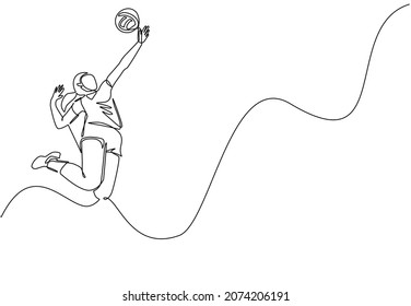 Continuous one line drawing young female professional volleyball player exercising jumping spike on court. Team sport competition game tournament. Single line draw design vector graphic illustration