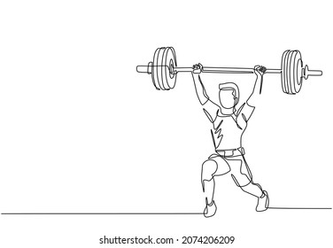 Continuous one line drawing young bodybuilder man doing exercise with a heavy weight bar in gym. Powerlifter train weightlifting. Healthy concept. Single line draw design vector graphic illustration