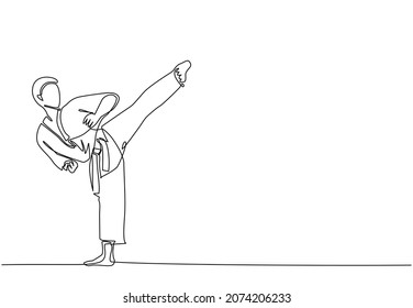 Continuous One Line Drawing Young Sporty Taekwondo Man Doing Kick Pose In Fight Uniform With Belt Exercising Martial Art At Gym. Healthy Sport Lifestyle Concept. Single Line Draw Design Vector Graphic