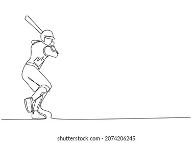 Continuous one line drawing young agile man baseball player ready to hit the ball. Baseball league professional tournament. Sport exercise healthy concept. Single line draw design vector illustration