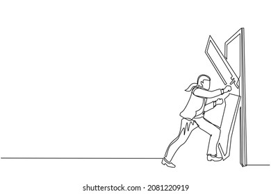 Continuous one line drawing young businesswoman punching and destroying door. Eliminating barrier of entries, overcome challenges, destroying obstacles with power force. Single line draw design vector