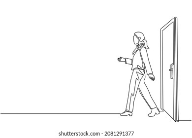 Continuous one line drawing young businesswoman walking and leaving closed door. New business ventures. Entering new market. Career growth concept. Single line draw design vector graphic illustration