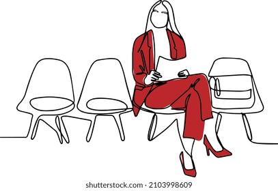 Continuous one line drawing of young woman waiting for interview indoors for your design minimal outline. Vector illustration.