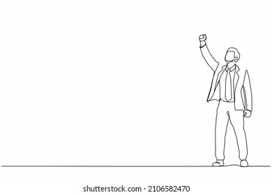 Continuous one line drawing young businessman executive celebrate his successful, raising hands with clenched fists up over head. Success and vision concept. Single line draw design vector llustration