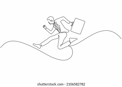 Continuous one line drawing young worker guy jumping to show his success. Business man wearing suit, carrying briefcase is jump from point to point on white background. Single line draw design vector