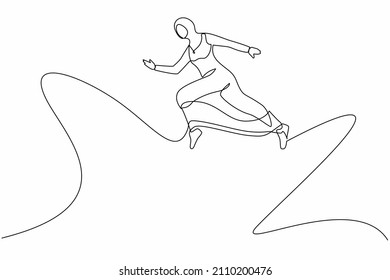 Continuous one line drawing young worker female jumping to show her success. Arabian businesswoman wearing hijab is jump from point to point on white background. Single line draw design vector graphic