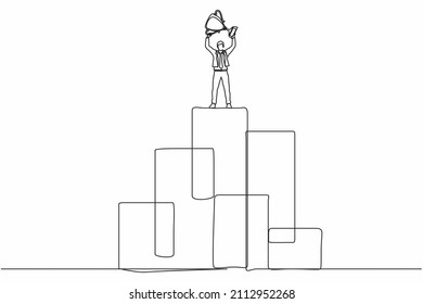 Continuous one line drawing young businessman standing on big graphic bar and lifting trophy. Winner pose. Success, goal, achievement and concept. Single line draw design vector graphic illustration