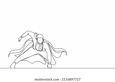 Continuous one line drawing young businessman with superhero mantle in landing powerful action. Office worker ready to fight for career achievement. Single line draw design vector graphic illustration