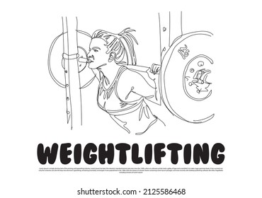 Continuous one line drawing young bodybuilder Woman doing exercise with a heavy weight bar in gym.