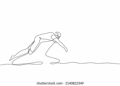 Continuous one line drawing young disabled person. Man in swimming suit jumping in water without leg. Disability sports. Active life with physical injury. Single line draw design vector illustration