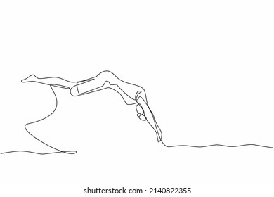 Continuous one line drawing young disabled person. Woman in swimming suit jumping in water without leg. Disability sports. Active life with physical injury. Single line draw design vector illustration