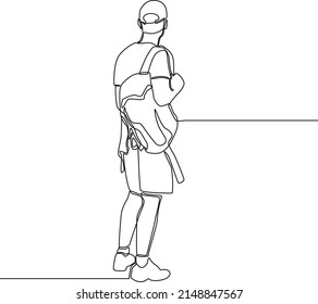 Continuous one line drawing Young traveling backpacker with cap. Happy travelling. Single line draw design vector graphic illustration.