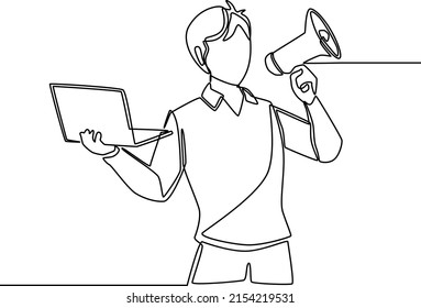 Continuous one line drawing young boy standing and holding laptop and megaphone to marketing offline. Digital marketing. Single line draw design vector graphic illustration.