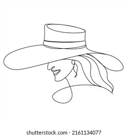 Dibujo continuo de una línea. Mujer joven de moda en el sombrero. Estilo lineal
