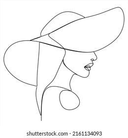 Continuous one line drawing. Young fashion woman in hat. Linear style
