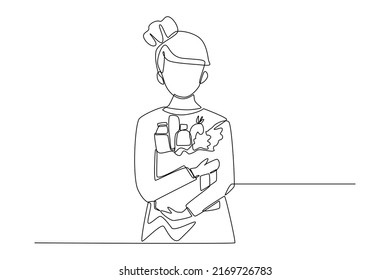Continuous one line drawing young girl hold paper bag with vegetables after shopping. Eco packaging concept. Single line draw design vector graphic illustration.