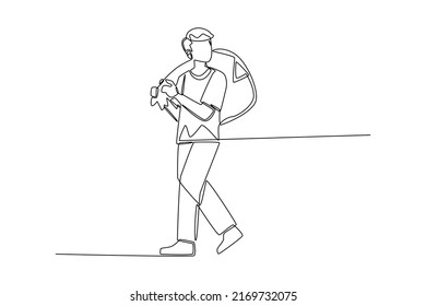 Continuous one line drawing young man carrying garbage bag on his shoulder. Ecology and recycling concept. Single line draw design vector graphic illustration.