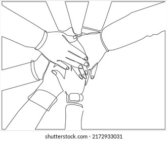 Kontinuierliche Zeichnung von jungen Leuten, die ihre Hände zusammenlegen. Freunde mit Handstapel zeigen Einheit und Teamwork, Draufsicht. Kann für Logo, Emblem, Diashow und Banner verwendet werden.