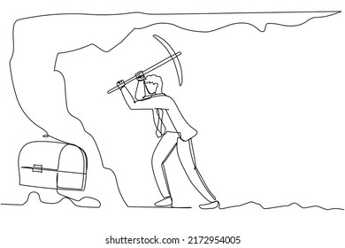 Continuous one line drawing young businessman digging with pickaxe looking for treasure box. Worker mining for treasure chest in underground tunnel. Single line draw design vector graphic illustration