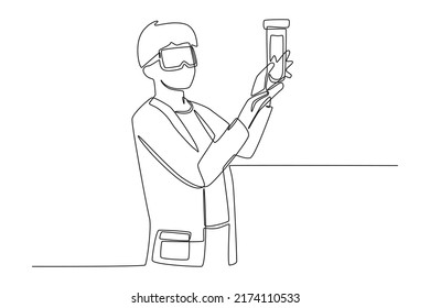 Continuous one line drawing young boy with  protective glasses holding experiment glass. Scientist concept. Single line draw design vector graphic illustration.