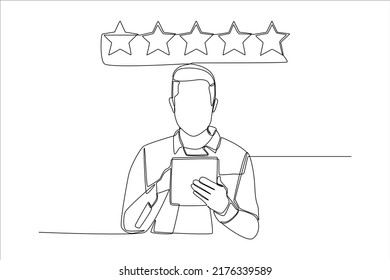 Continuous one line drawing young boy with tablet give full 5 stars to the services or product. Satisfaction customer concept. Single line draw design vector graphic illustration.