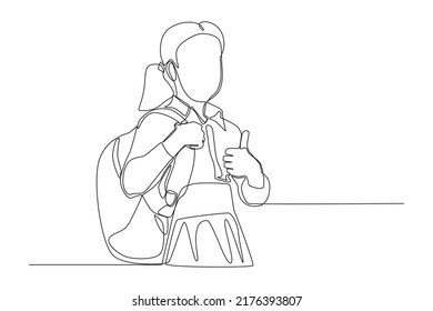 Continuous one line drawing Young student woman with backpack bag holding hand with thumb up gesture. Back to school concept. Single line draw design vector graphic illustration.