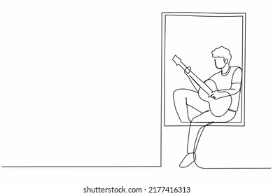 Continuous one line drawing young man sits on windowsill playing guitar and sing song. Rest, stay at home, human life, relaxation, comfort, romantic. Single line design vector graphic illustration